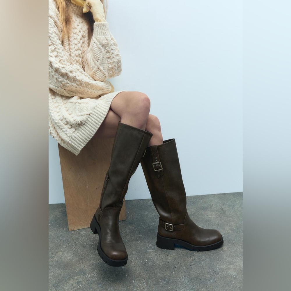 Zara boots cowboy coastal faux leather Brown Knee-High Boots - Picture 1 of 10